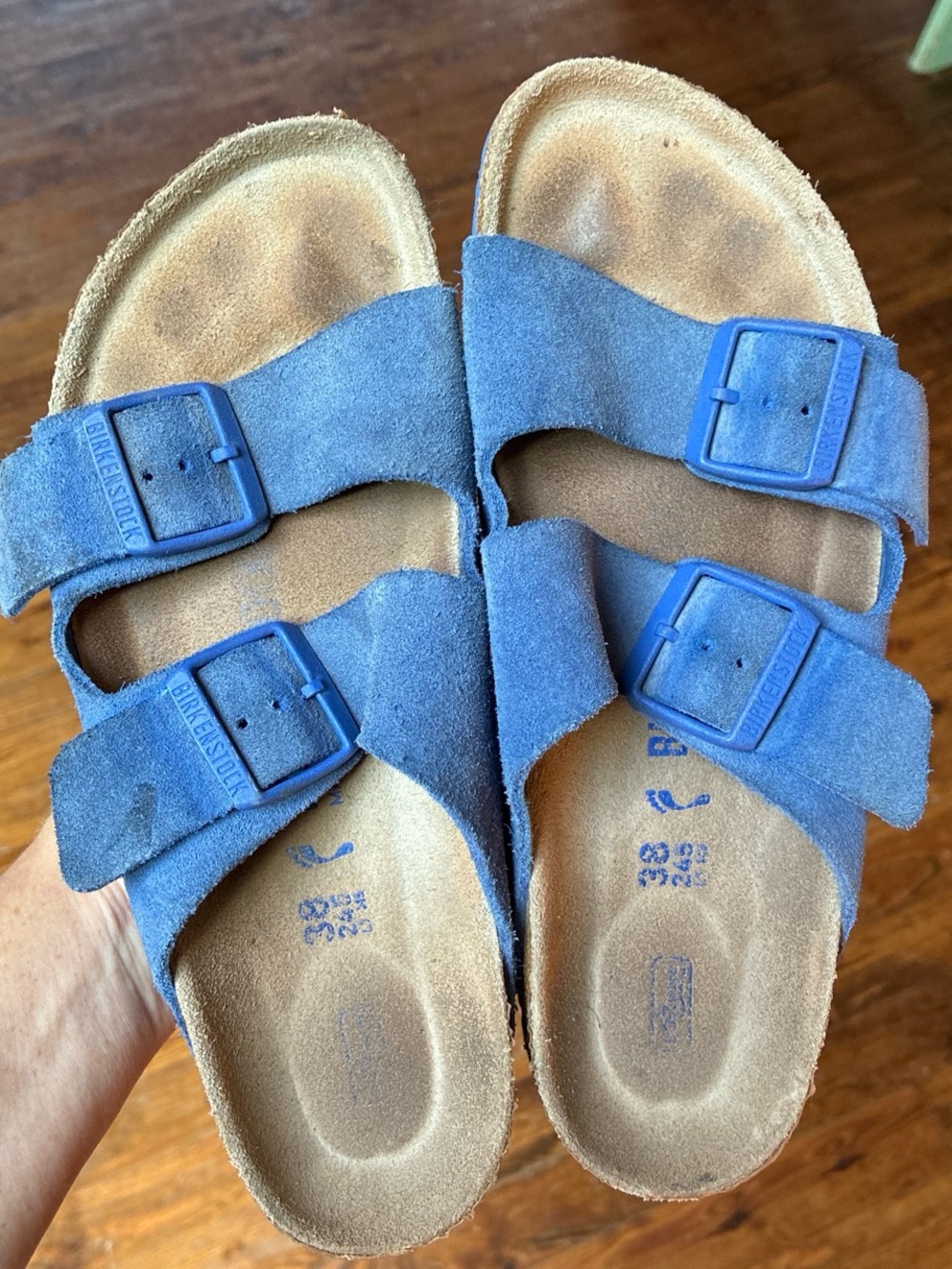 Birkenstock Blue Suede Two-Strap Buckle Sandals